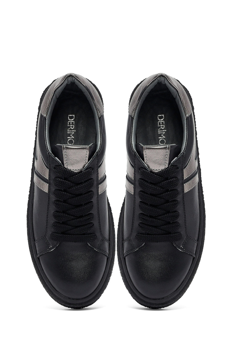 Woman Black Lace-Up Thick Sole Leather Sneakers