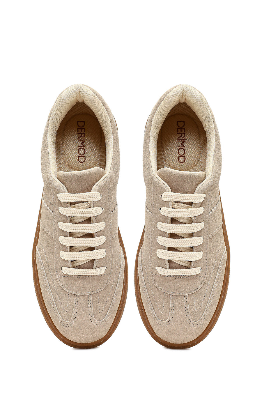 Women's Beige Lace-Up Thick-Soled Suede Sneaker