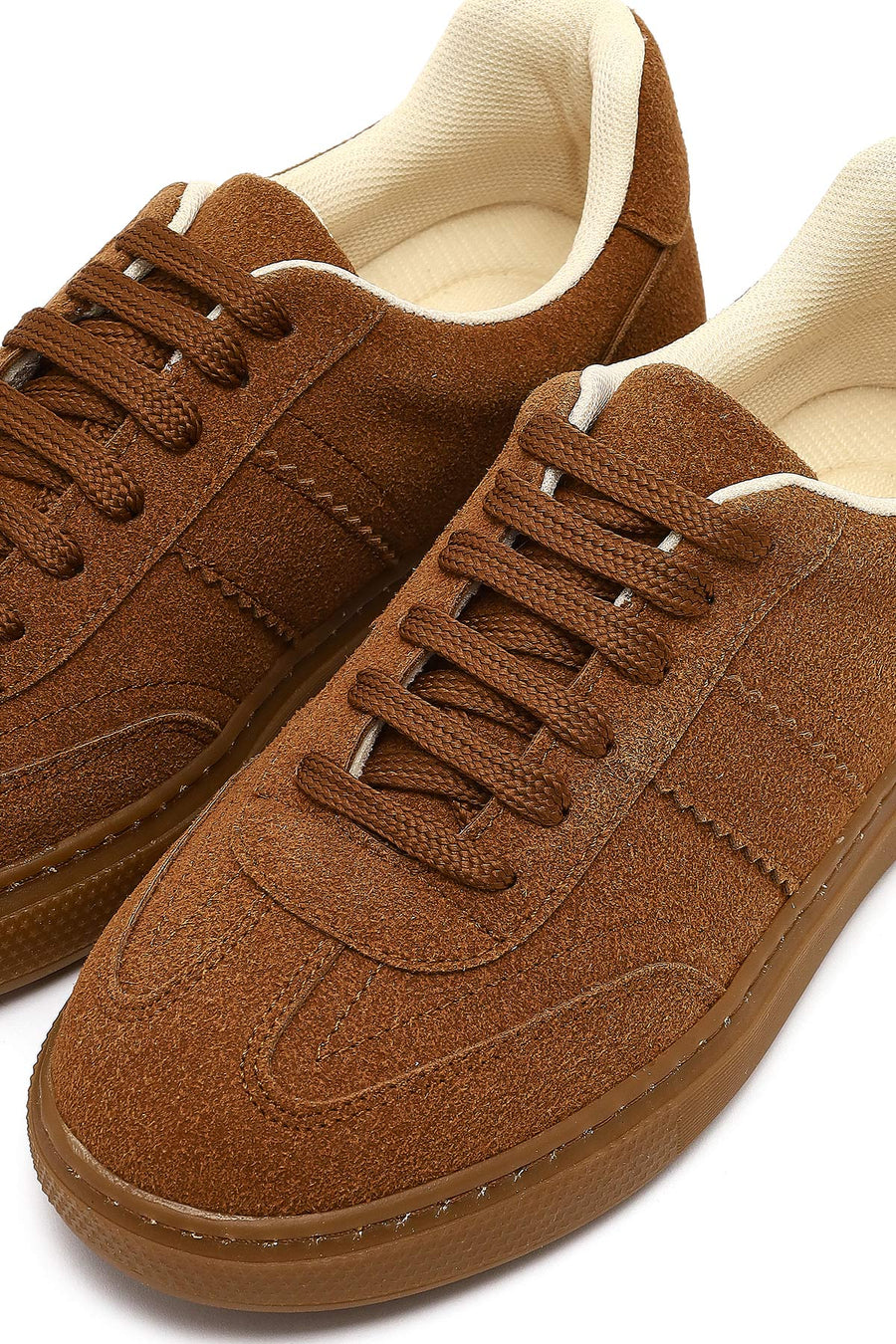 Women's Tan Lace-Up Thick-Soled Suede Sneaker