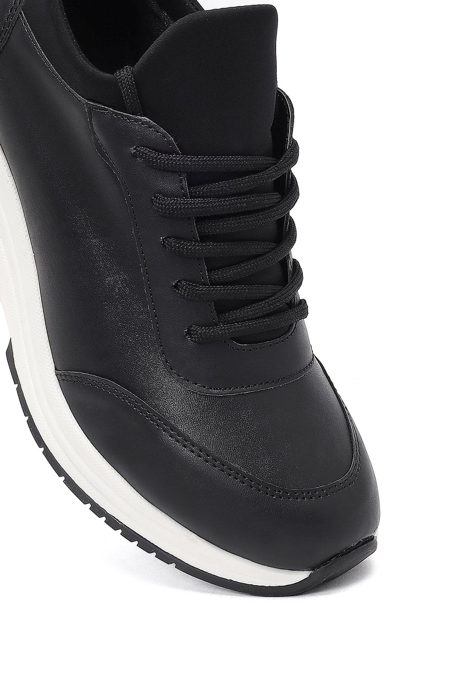 Woman Black Lace-Up Wedge-Heeled Sneakers