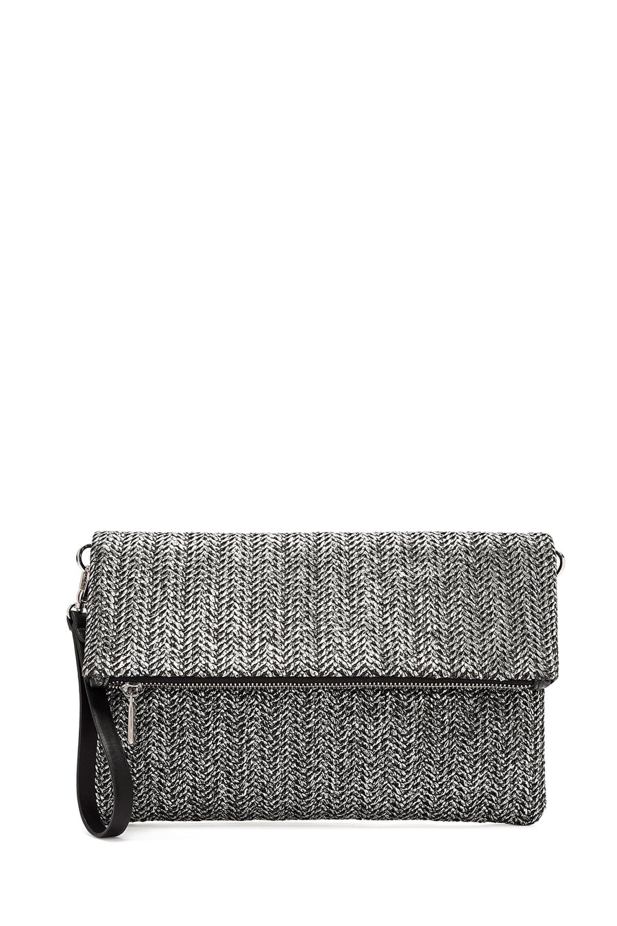 Women's Anthracite Long Chain Strap Straw Clutch Bag