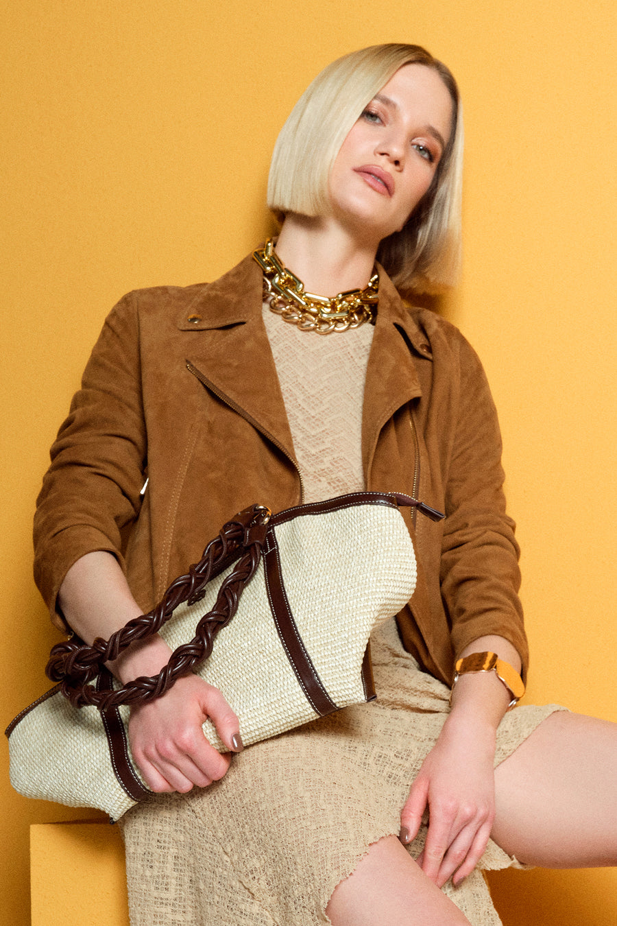 Women's Beige Long Strap Straw Shoulder Bag