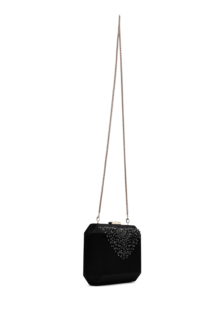 Women's Black Long Chain Strap Stone Mini Evening Box Bag