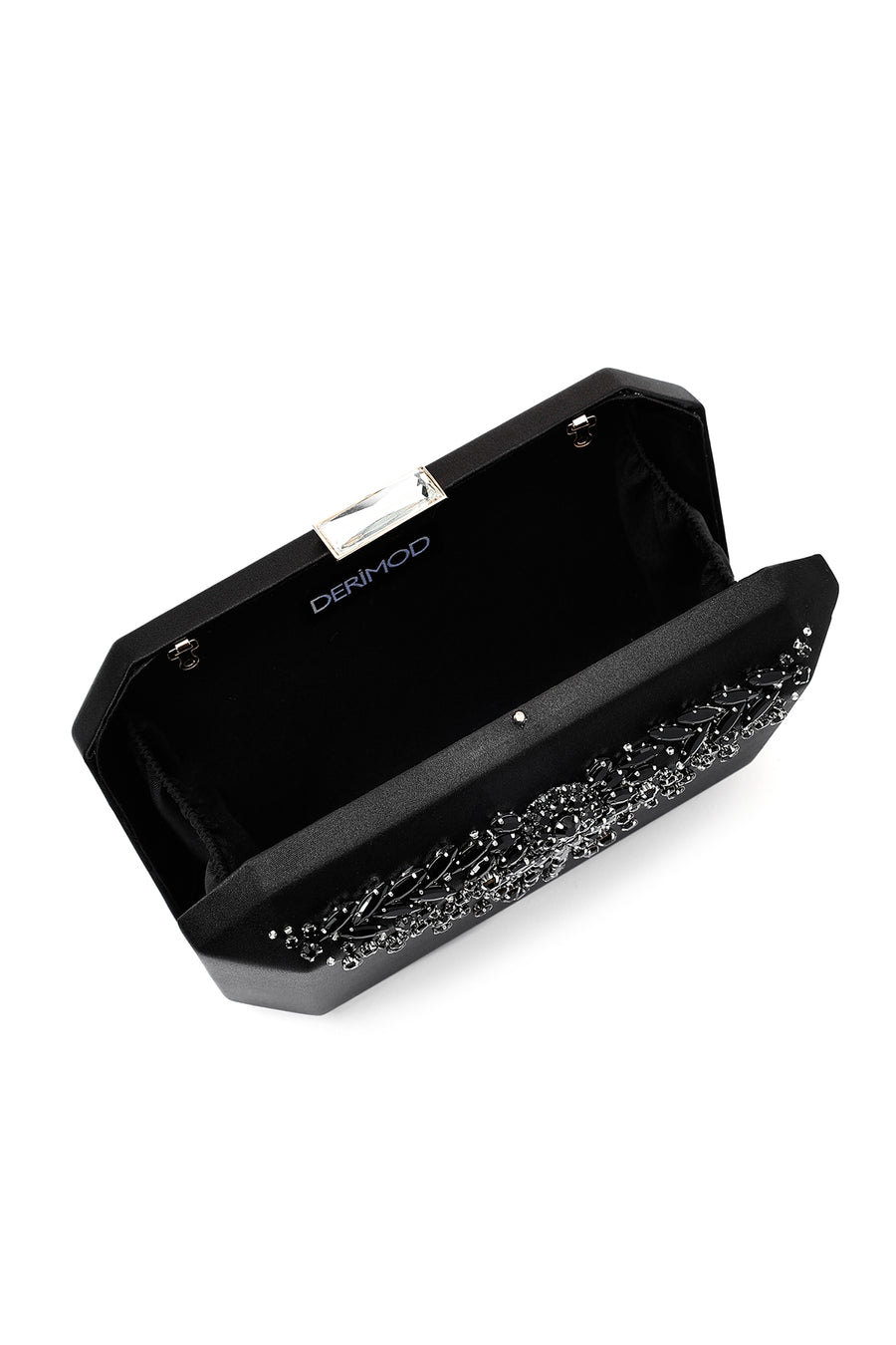 Women's Black Long Chain Strap Stone Mini Evening Box Bag
