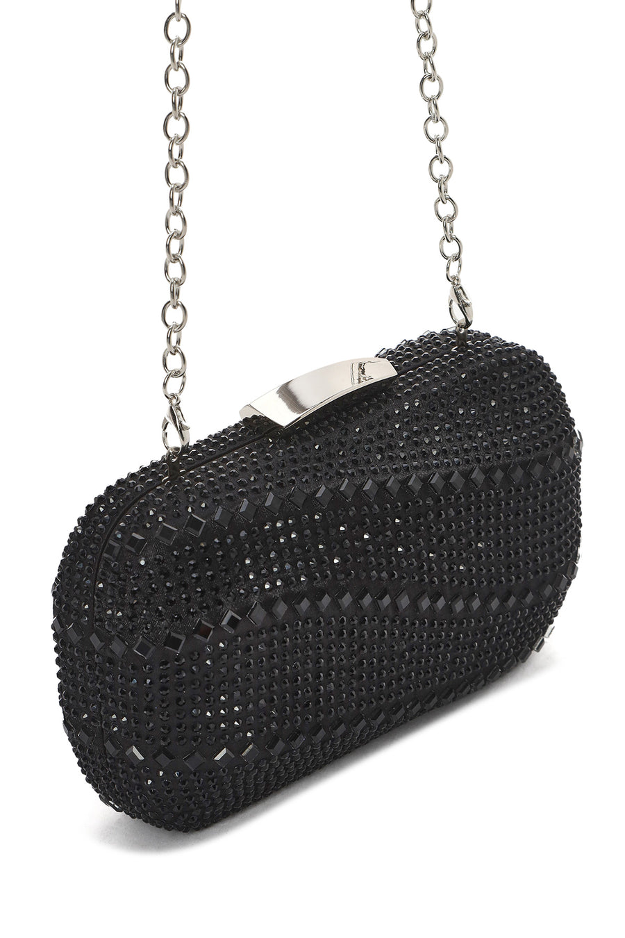 Women's Black Long Chain Strap Stone Mini Box Evening Bag
