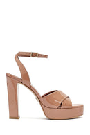 Women's Beige Ankle Buckle High Thick Heel Platform Patent Leather Sandals | Derimod