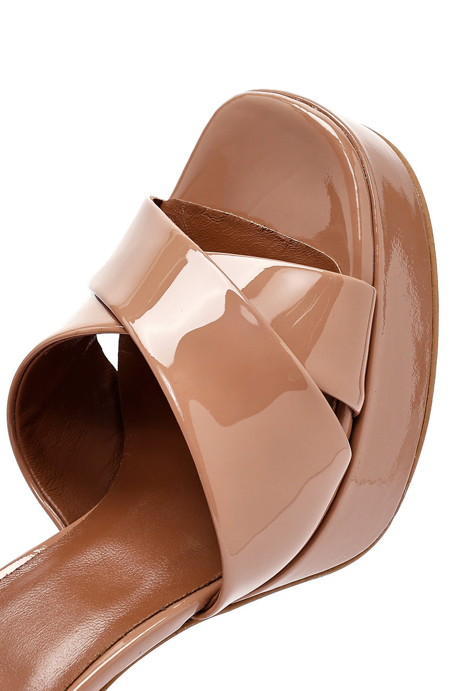Women's Beige Ankle Buckle High Thick Heel Platform Patent Leather Sandals