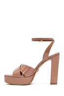 Women's Beige Ankle Buckle High Thick Heel Platform Patent Leather Sandals | Derimod