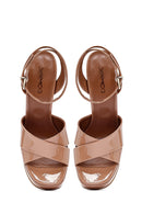 Women's Beige Ankle Buckle High Thick Heel Platform Patent Leather Sandals | Derimod