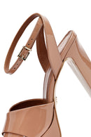 Women's Beige Ankle Buckle High Thick Heel Platform Patent Leather Sandals | Derimod