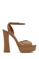 Women's Tan Ankle Buckle Platform High Thick Heel Leather Sandals | Derimod