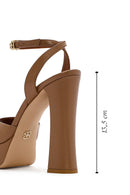 Women's Tan Ankle Buckle Platform High Thick Heel Leather Sandals | Derimod