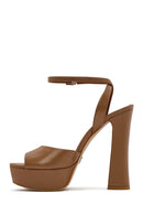Women's Tan Ankle Buckle Platform High Thick Heel Leather Sandals | Derimod