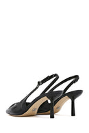 Women's Black Open Back Thin Heeled Leather Shoes | Derimod