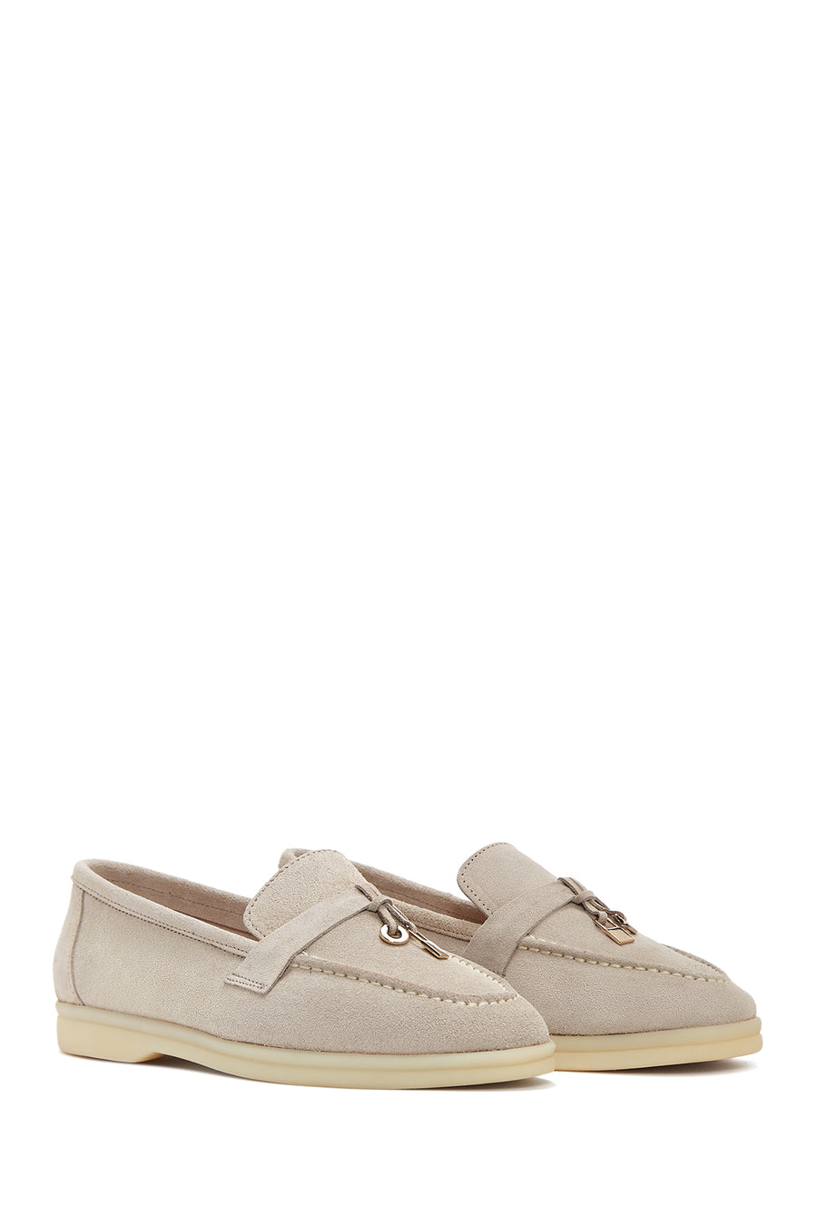 Women's Beige Accessorized Suede Leather Loafer