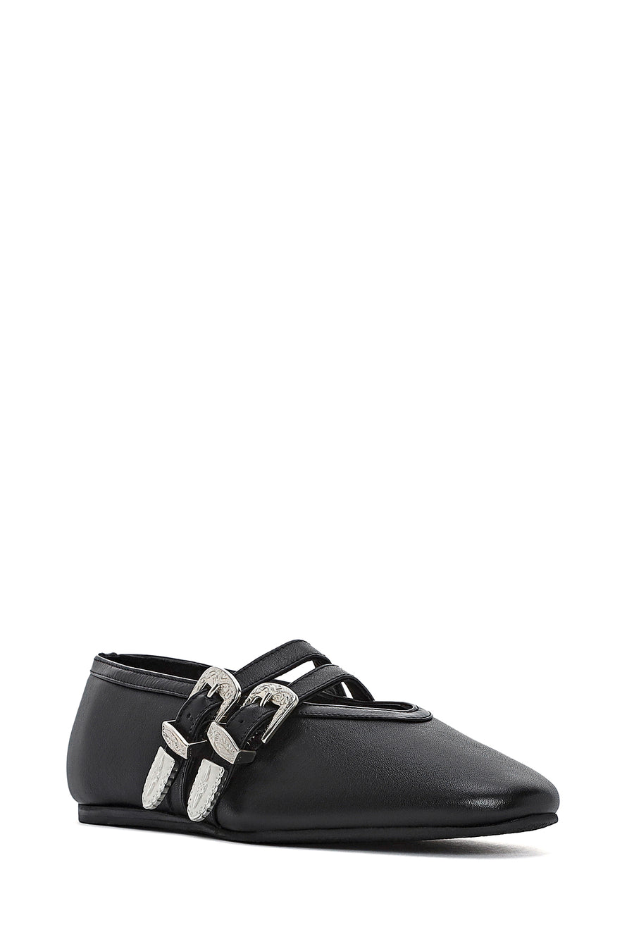 Women's Black Double Buckled Leather Ballerinas