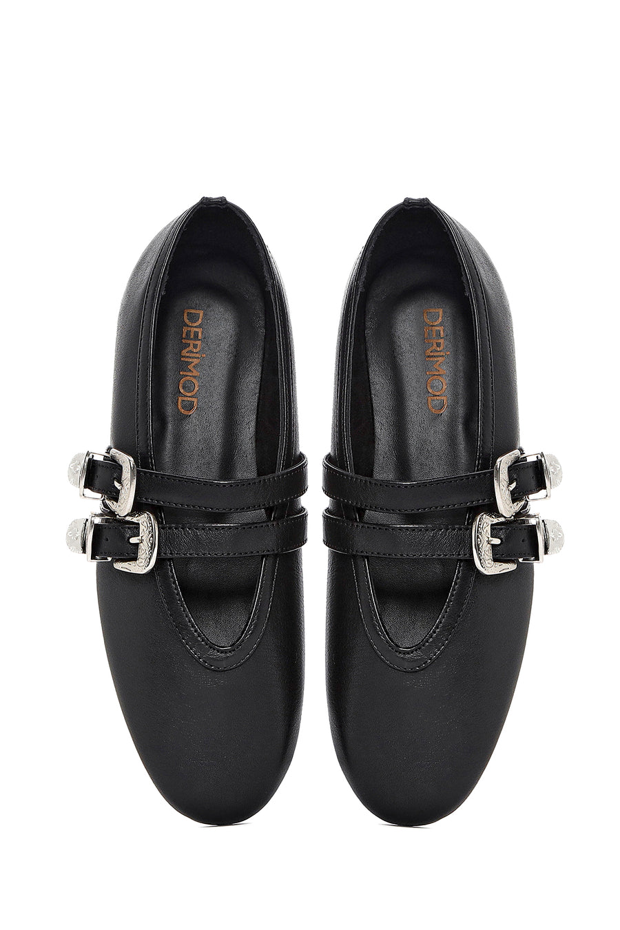 Women's Black Double Buckled Leather Ballerinas
