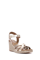 Women's Gold Ankle Buckle Wedge Heel Metallic Leather Espadrille Sandals | Derimod