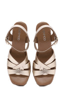 Women's Gold Ankle Buckle Wedge Heel Metallic Leather Espadrille Sandals | Derimod