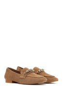 Women's Tan Buckled Suede Leather Loafer | Derimod