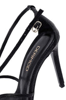 Women's Black Ankle Buckle Thin Heel Metallic Leather Sandals | Derimod