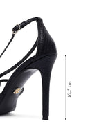 Women's Black Ankle Buckle Thin Heel Metallic Leather Sandals | Derimod