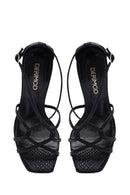 Women's Black Ankle Buckle Thin Heel Metallic Leather Sandals | Derimod
