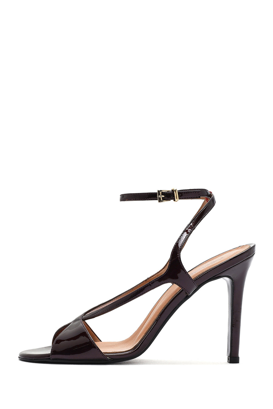 Women's Burgundy Ankle Strap High Thin Heel Leather Sandals