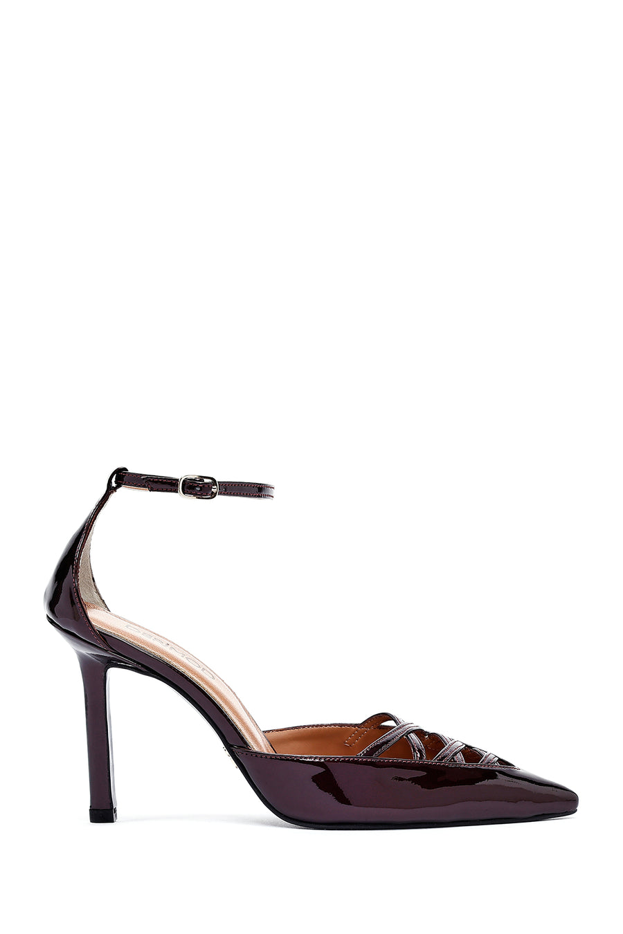Women's Burgundy Ankle Buckle Thin Heel Patent Leather Shoes 25SFD162016 | Derimod