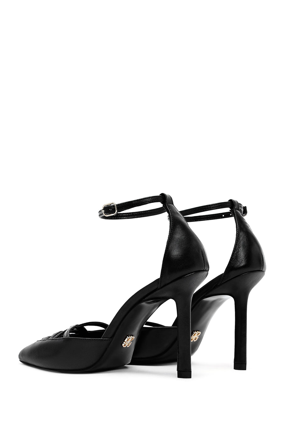 Women's Black Ankle Buckle Thin Heel Leather Shoes