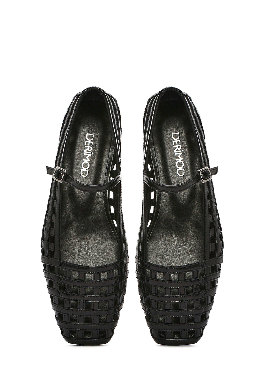 Women's Black Striped Patent Leather Ballerinas