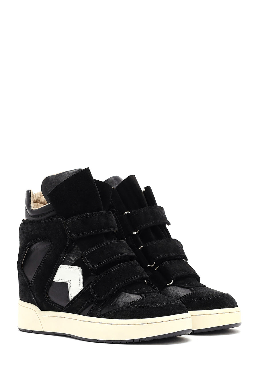 Women's Black Strappy Wedge Heel Leather Sneakers