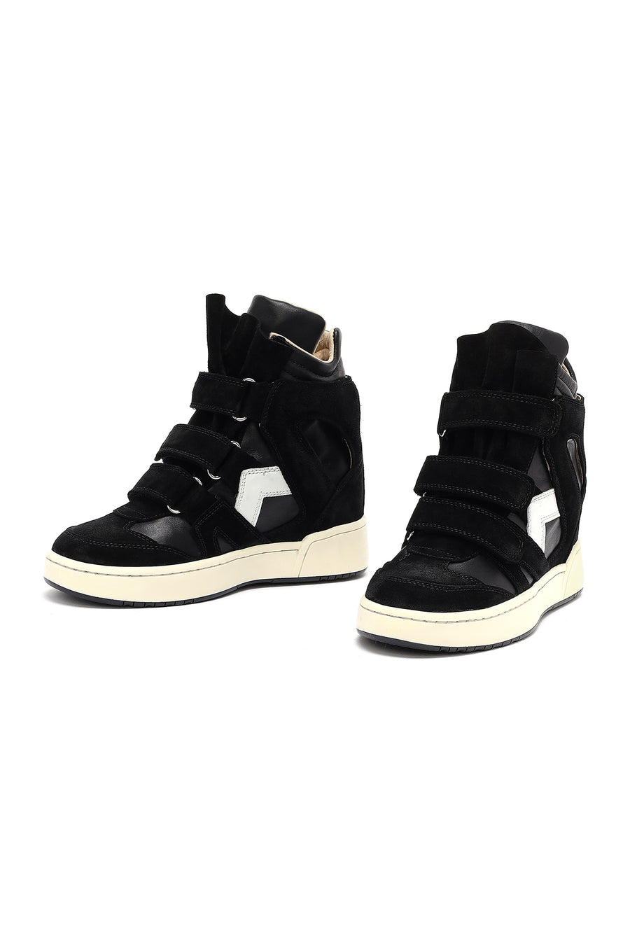 Women's Black Strappy Wedge Heel Leather Sneakers