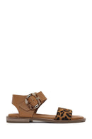 Women's Brown Buckled Leopard Patterned Leather Sandals | Derimod