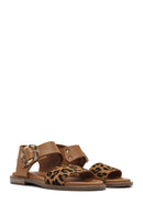 Women's Brown Buckled Leopard Patterned Leather Sandals | Derimod