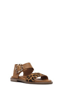 Women's Brown Buckled Leopard Patterned Leather Sandals | Derimod