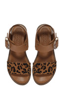 Women's Brown Buckled Leopard Patterned Leather Sandals | Derimod