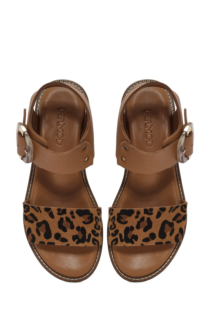 Women's Brown Buckled Leopard Patterned Leather Sandals