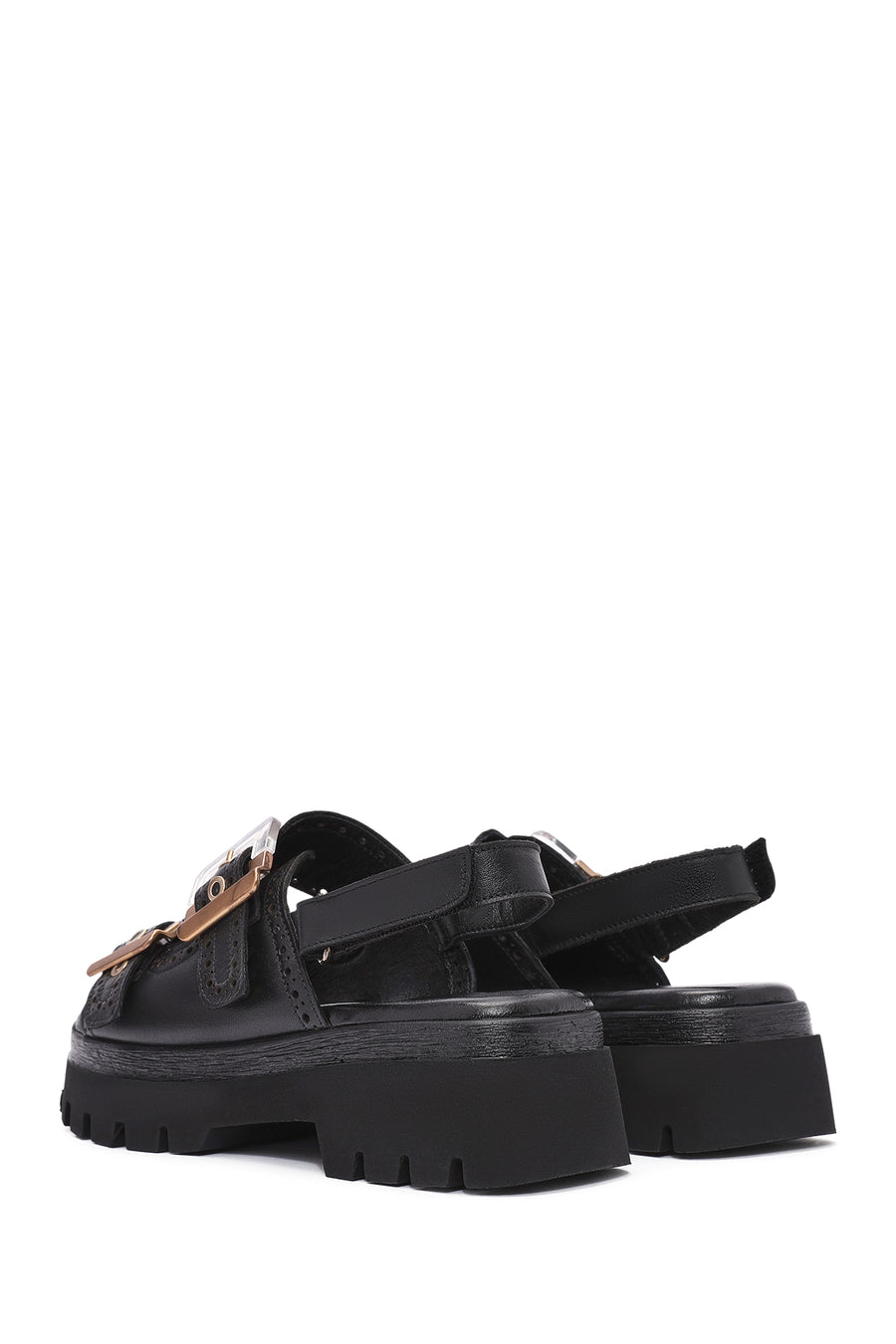 Women's Black Buckled Strappy Thick Soled Leather Sandals