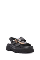 Women's Black Buckled Strappy Thick Soled Leather Sandals | Derimod