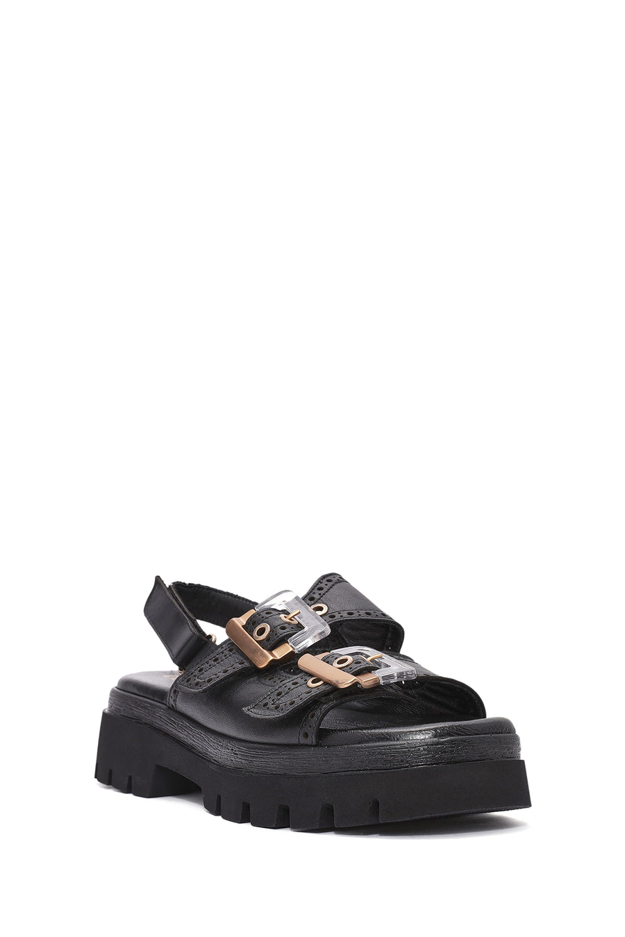 Women's Black Buckled Strappy Thick Soled Leather Sandals