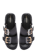 Women's Black Buckled Strappy Thick Soled Leather Sandals | Derimod