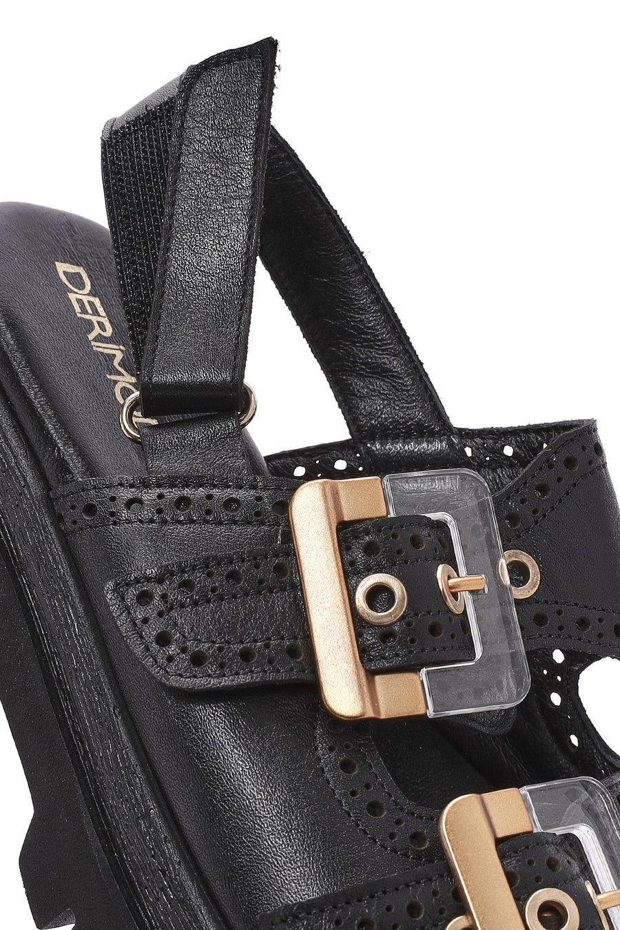 Women's Black Buckled Strappy Thick Soled Leather Sandals