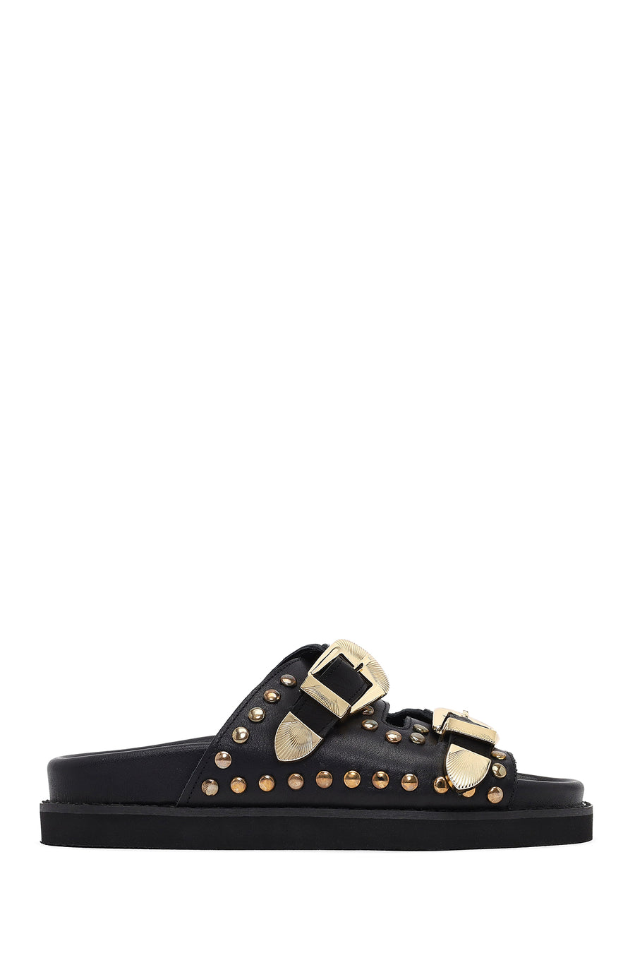 Women's Black Buckled Studded Leather Slippers 25SFD220218 | Derimod