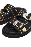 Women's Black Buckled Studded Leather Slippers | Derimod