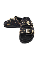 Women's Black Buckled Studded Leather Slippers | Derimod