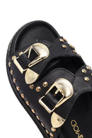 Women's Black Buckled Studded Leather Slippers | Derimod