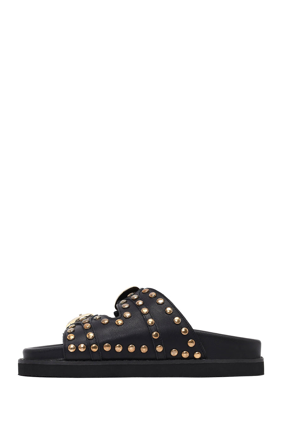 Women's Black Buckled Studded Leather Slippers