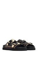 Women's Black Buckled Studded Leather Slippers | Derimod