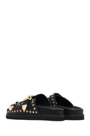 Women's Black Buckled Studded Leather Slippers | Derimod